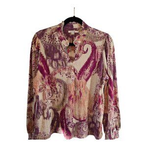 CHICOS PAISLEY PRINT TOP PINK CREAM PURPLE SIZE 2 LARGE (12) LONG SLEEVE